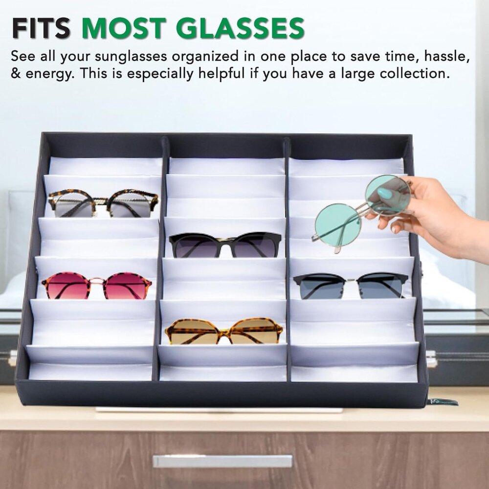 18 Slot Sunglasses Organizer Box Stand Display Case/Tray, Fabric Lined & Snap Cl - Picture 5 of 5